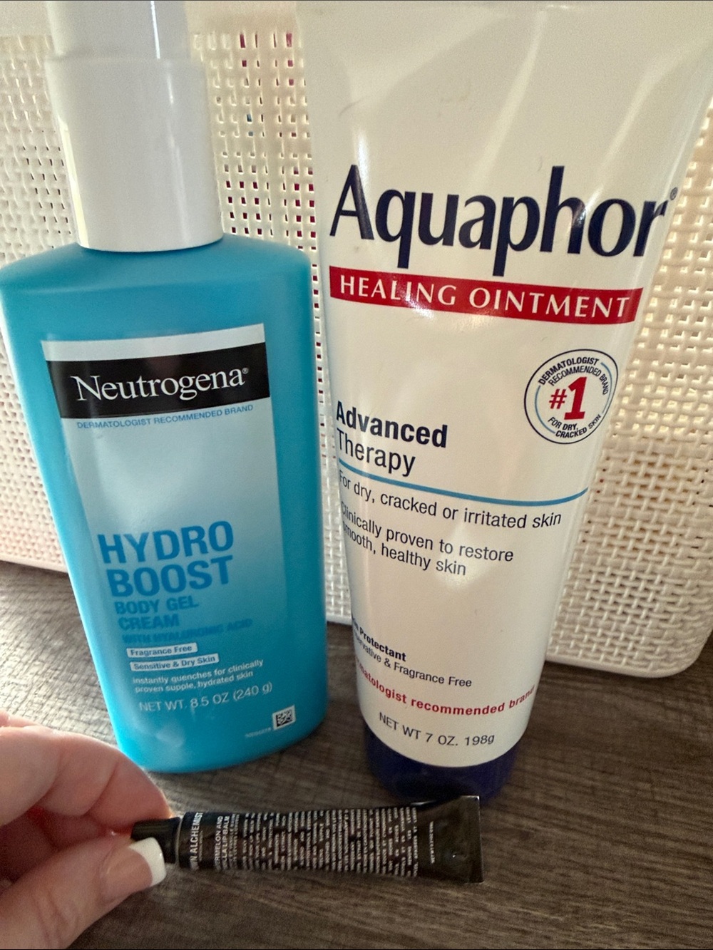 Neutrogena Hydro Boost, Aquaphor healing ointment and grown alchemist lip balm